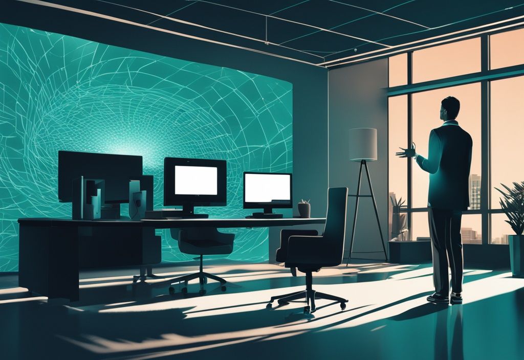 Modern digital painting of teal-themed office with intricate light pattern from projector and person standing within projection