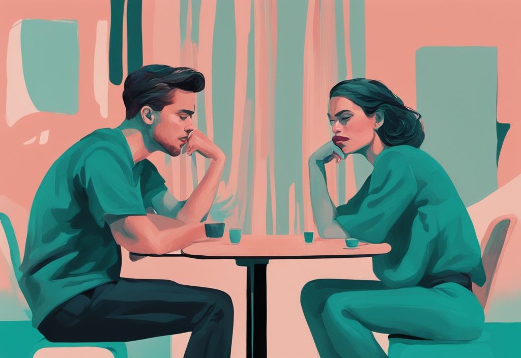 Modern digital painting illustration in teal theme showing two people sitting across from each other, one person dominating the conversation, representing conversational narcissism.