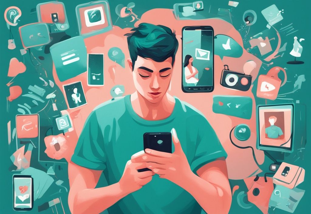 Modern digital painting of a user engrossed in social media, surrounded by teal-themed symbols of narcissistic behavior like selfies, boasting posts, and lack of empathy emoticons.