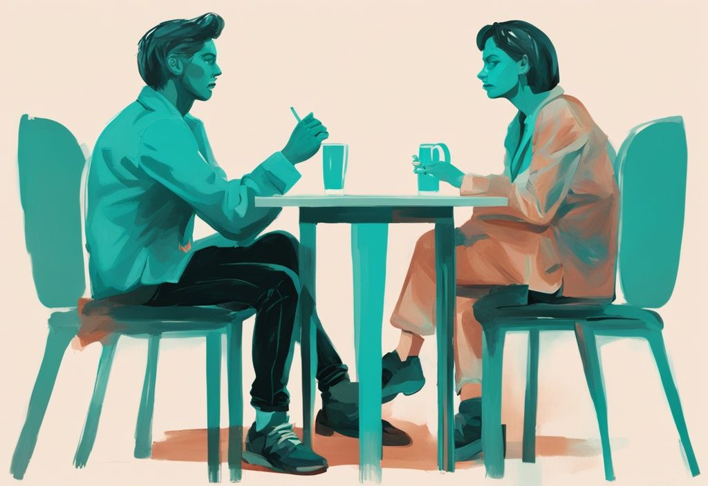 Modern digital painting illustrating conversational narcissism with two people sitting across from each other, one dominating the conversation in a teal color theme.