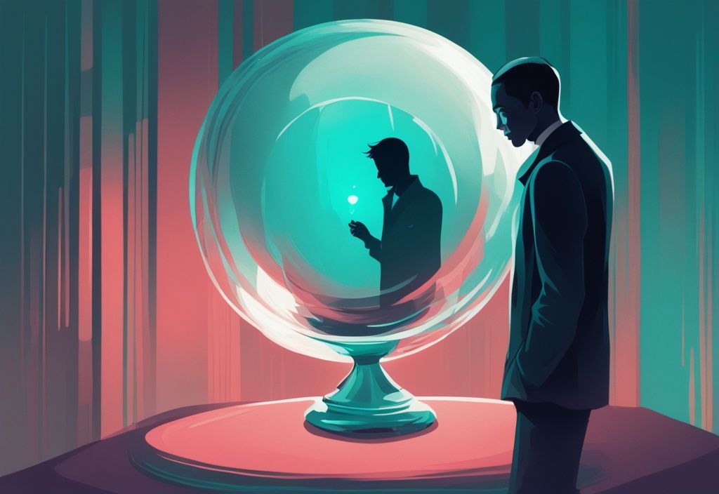 Modern digital painting of a man with a smug expression looking into a crystal ball showing a woman's silhouette moving forward, teal color theme