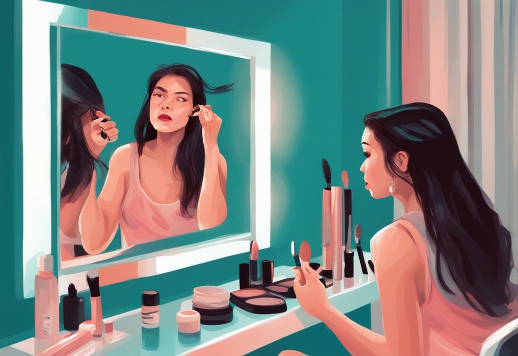 Modern digital painting of a narcissistic sister obsessively applying makeup in the mirror, ignoring her visibly upset younger sibling in the background, with a teal color theme.