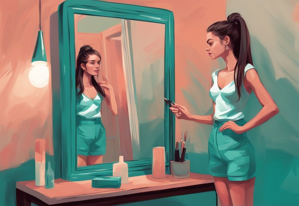 Young woman admiring herself in mirror with annoyed sister in background, modern digital painting, teal color theme