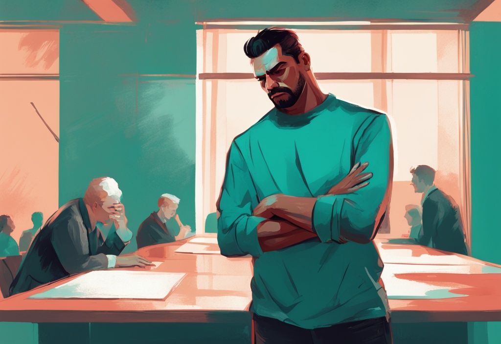 Modern digital painting of a passive aggressive narcissist husband with crossed arms, turning his back to a visibly upset woman, teal color theme.