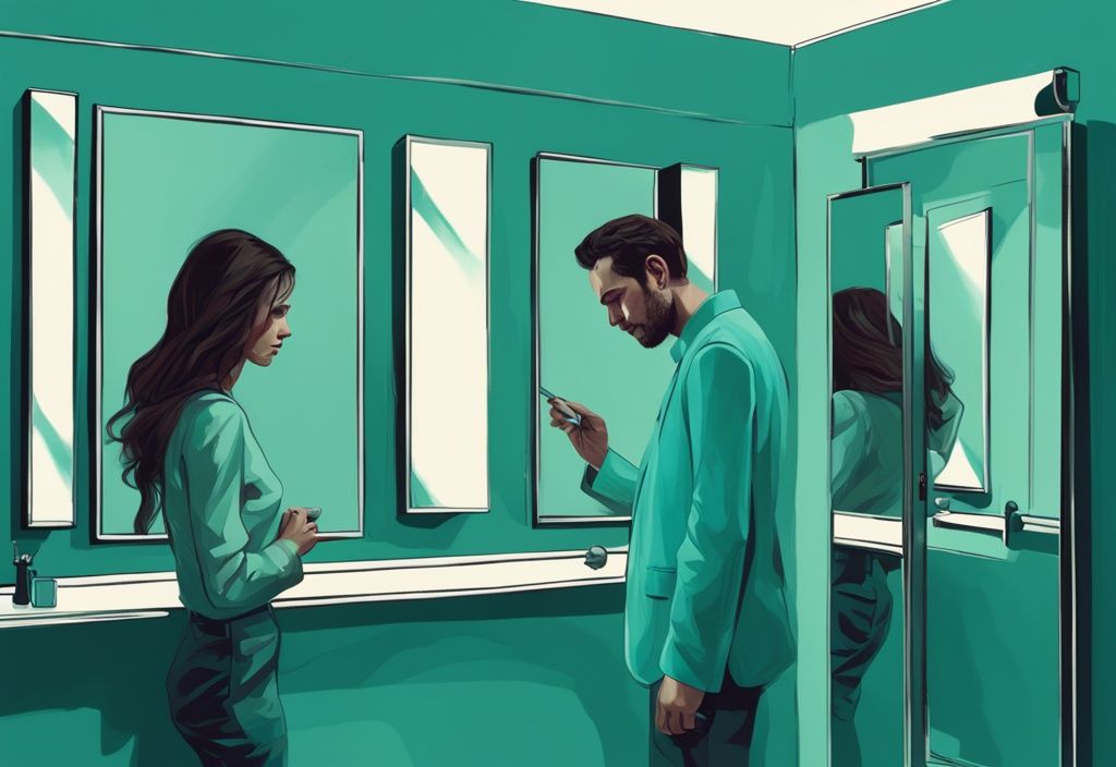 Modern digital painting of a man staring at his reflection in a mirror, ignoring a woman trying to get his attention, teal color theme