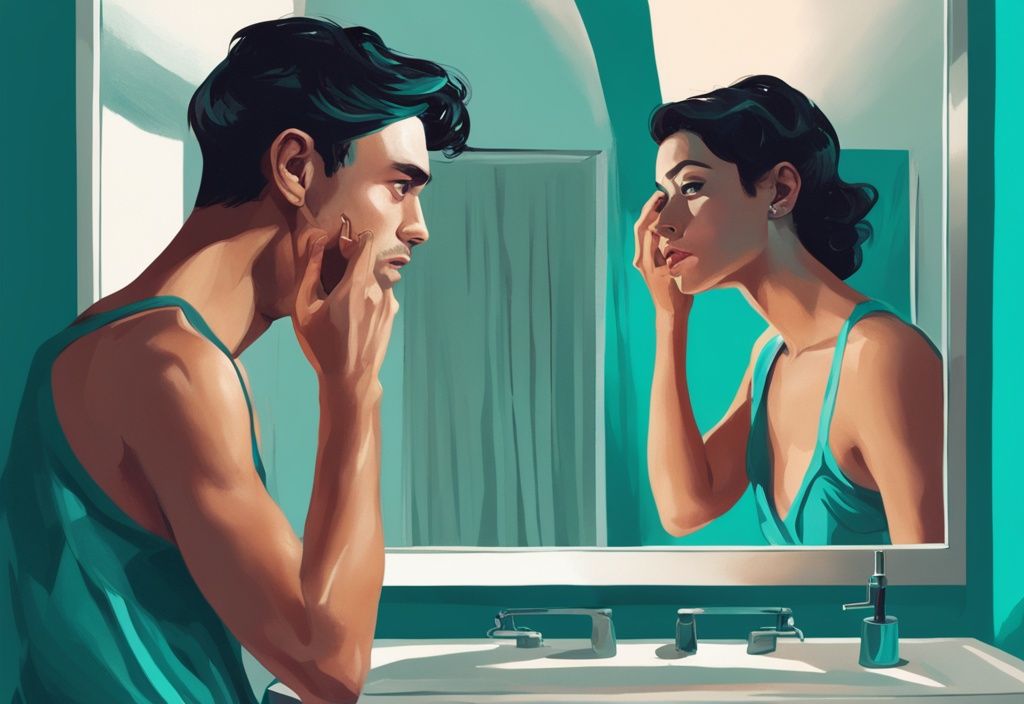 Modern digital painting of a man fascinated by his reflection in a mirror, with a concerned woman watching, teal color theme.