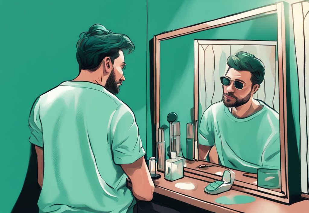 Modern digital painting of a man happily looking at himself in a mirror, unaware of the word 'Narcissist' on his reflection, illustrating the concept: does a narcissist know they are a narcissist.