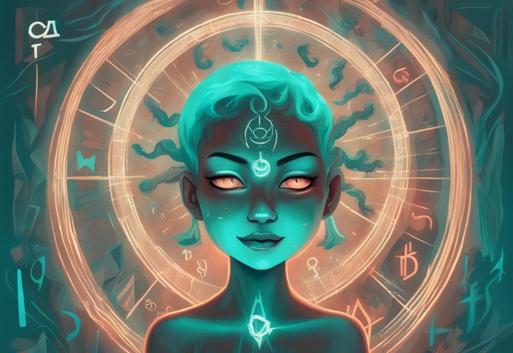 Modern digital painting with teal theme, divine light revealing person with devilish grin, surrounded by symbolic numerals 1 to 16 representing signs of narcissism, 16 signs god is exposing a narcissist in your life.