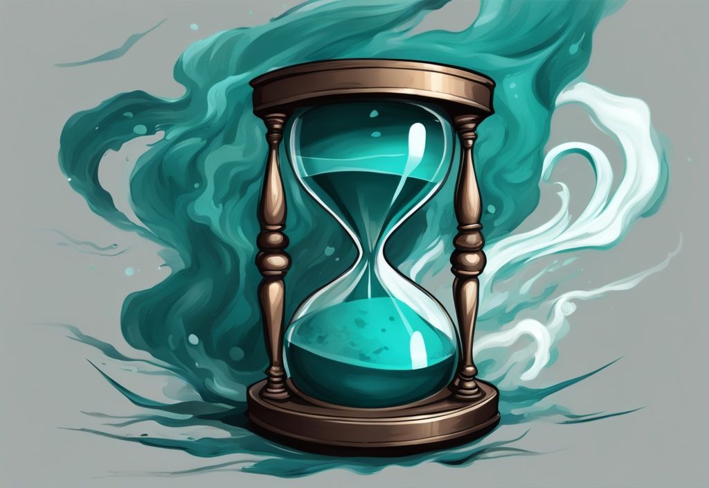 Teal digital painting of an hourglass with stormy elements, symbolizing unpredictable duration of narcissist's rage.