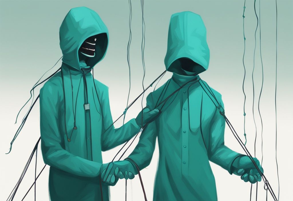 Modern digital painting of teal-themed puppet strings manipulated by a gloved hand, symbolizing narcissistic abuse control.