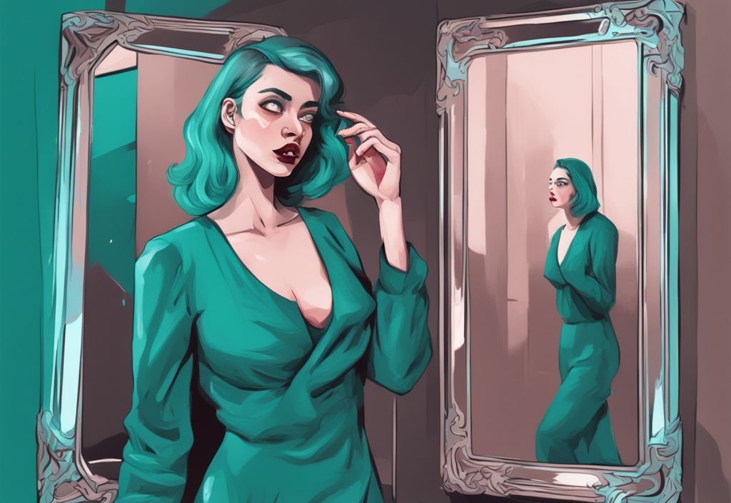 Modern digital painting of a narcissistic character looking into a mirror with a shocked and lost expression, illustrating when a narcissist realizes they lost you, teal color theme.