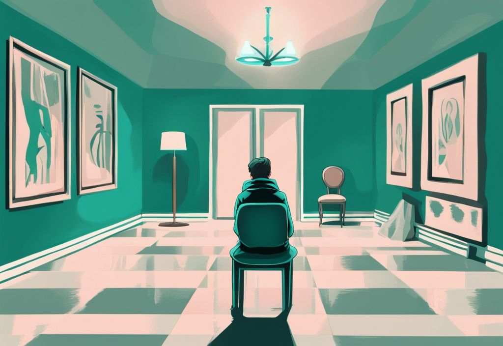 Modern digital painting illustration of a narcissistic character in teal-themed room, shocked while staring at an empty chair, symbolizing realization of loss.