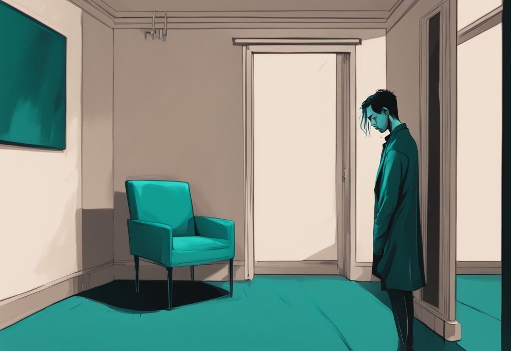 Modern digital painting of a narcissistic character in teal theme, shocked expression, staring at an empty chair, symbolizing realization of loss.