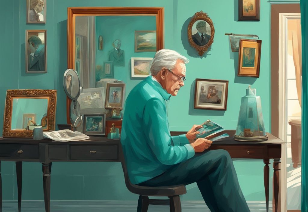 Modern digital painting of an older man admiring his reflection in a vintage mirror, surrounded by personal awards and framed magazine covers, with a teal color theme.