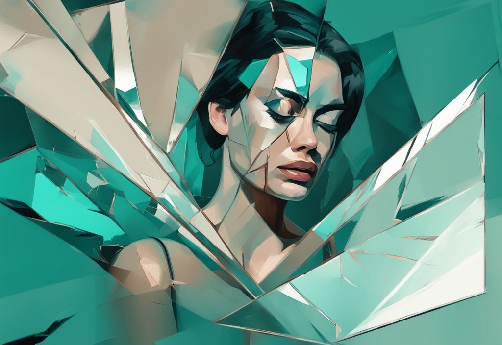 Modern digital painting of a narcissist's worried face in a shattered mirror, teal color theme.