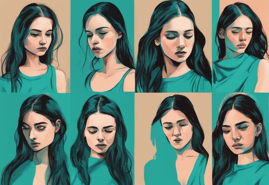 Digital painting of ten women in teal theme, each panel depicting emotions and symptoms of daughters with narcissistic fathers.