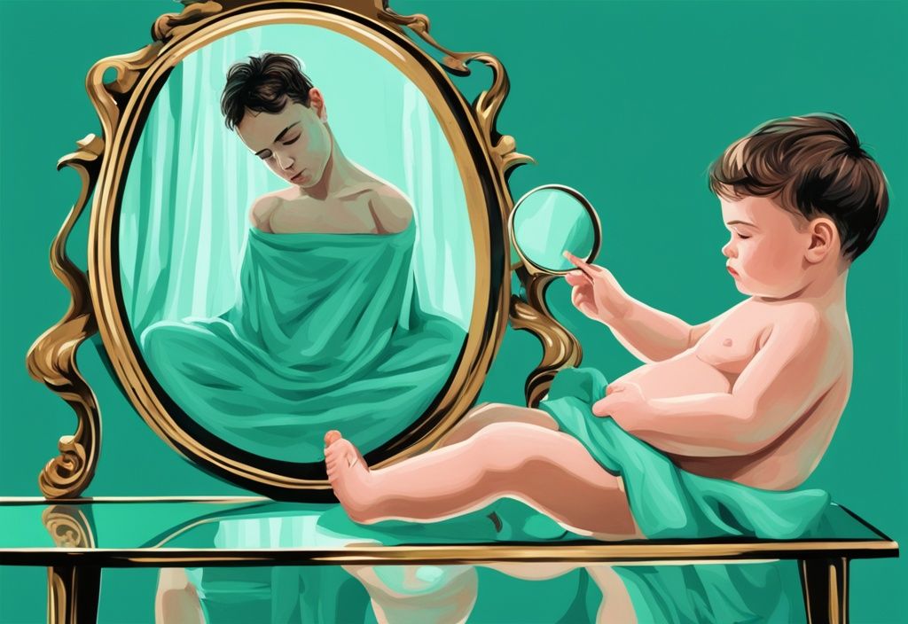 Modern digital painting in teal showing a mirror with a baby on one side and an adult pampering himself on the other, symbolizing the nature vs. nurture debate on narcissism.