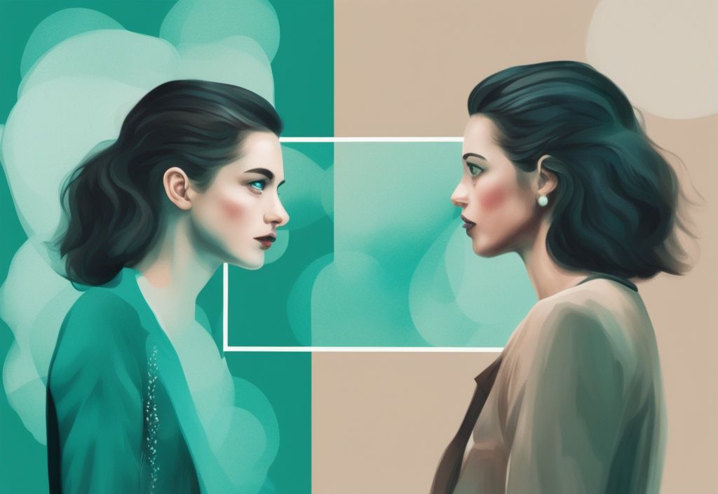 Modern digital painting with teal theme, featuring a dialogue bubble overlay on a well-groomed person, highlighting phrases typical of things covert narcissists say.