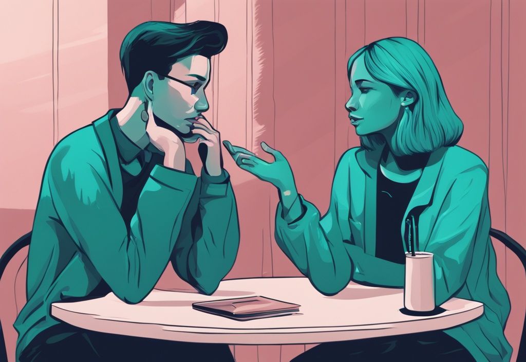 Modern digital painting of two individuals in conversation, featuring teal color theme and expressive mood swings.