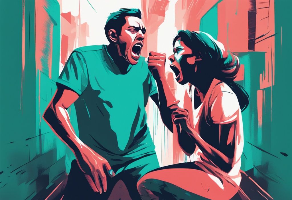 Teal-themed digital painting of a man yelling at an upset woman, illustrating confusion and distress; keyword: why is my husband screaming at me.