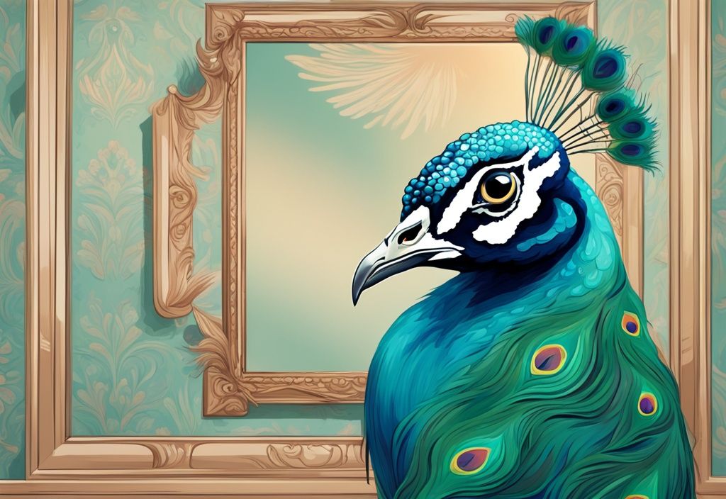 Modern digital painting of a peacock admiring its reflection with funny narcissistic quotes in teal color theme.