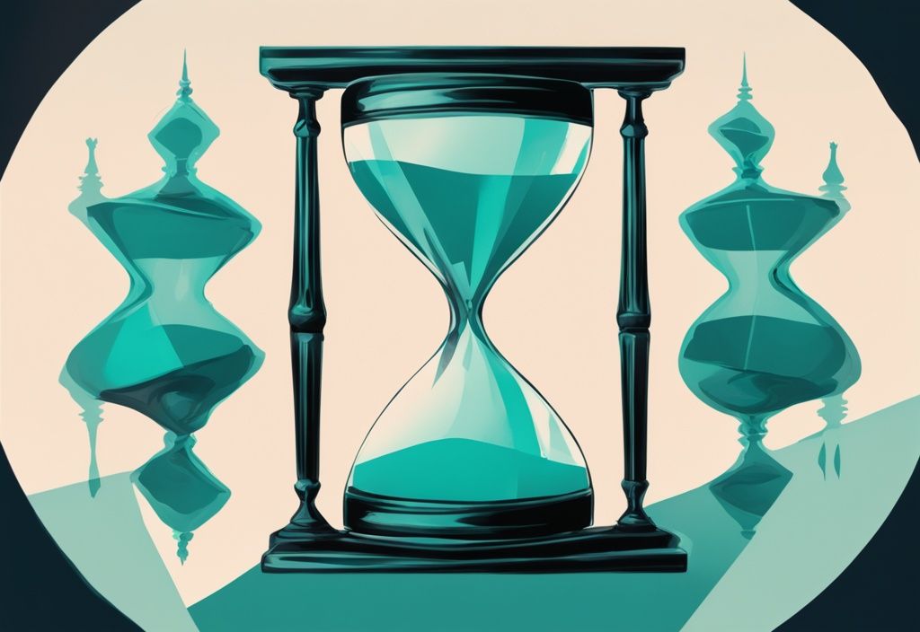 Modern digital painting of an hourglass held by a distorted mirror image of a man's hand, symbolizing time in a narcissistic relationship, with a teal color theme.