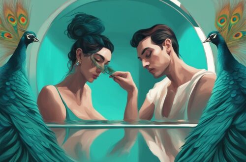 Modern digital painting illustrating weird things narcissists do sexually, featuring a narcissistic individual with a peacock feather gazing at their reflection in a teal-themed mirror, while an unconcerned partner lies in the background.