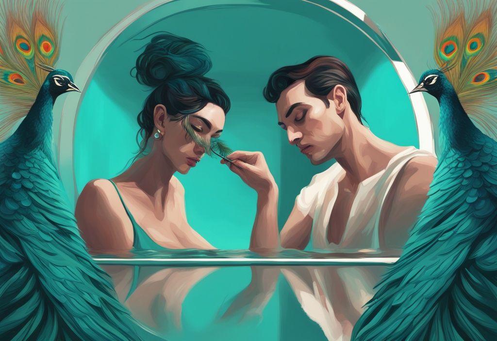 Modern digital painting illustrating weird things narcissists do sexually, featuring a narcissistic individual with a peacock feather gazing at their reflection in a teal-themed mirror, while an unconcerned partner lies in the background.