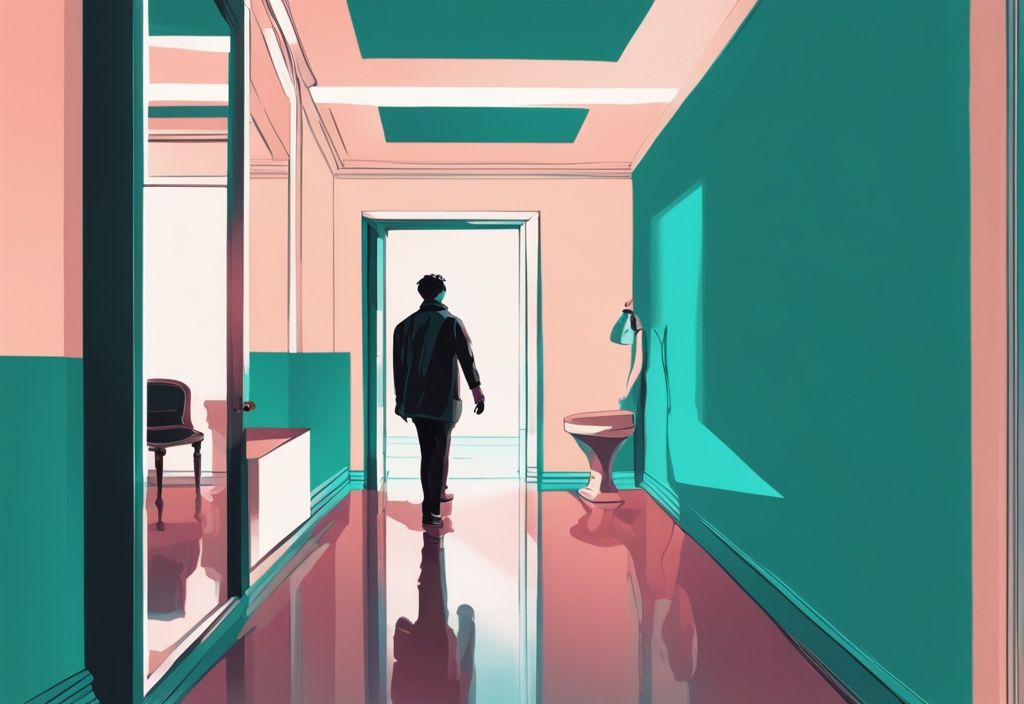 Modern digital painting with teal theme, solitary figure in room, perfect reflection in mirror, second person exiting to bright path.