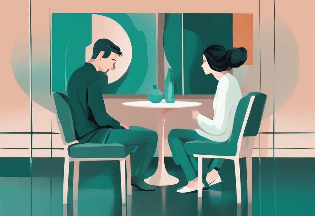 Modern digital painting illustrating a couple in a therapeutic setting, exploring how to live with a bipolar narcissist, with a teal color theme.