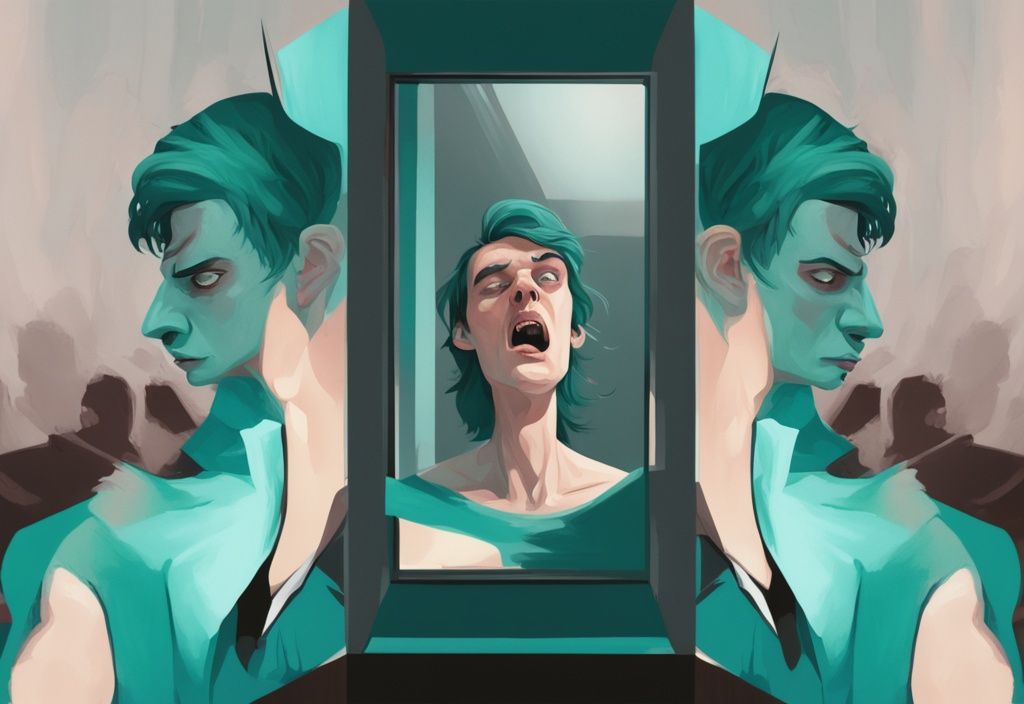 Modern digital painting of narcissistic character shocked by grotesque reflection in teal color theme.