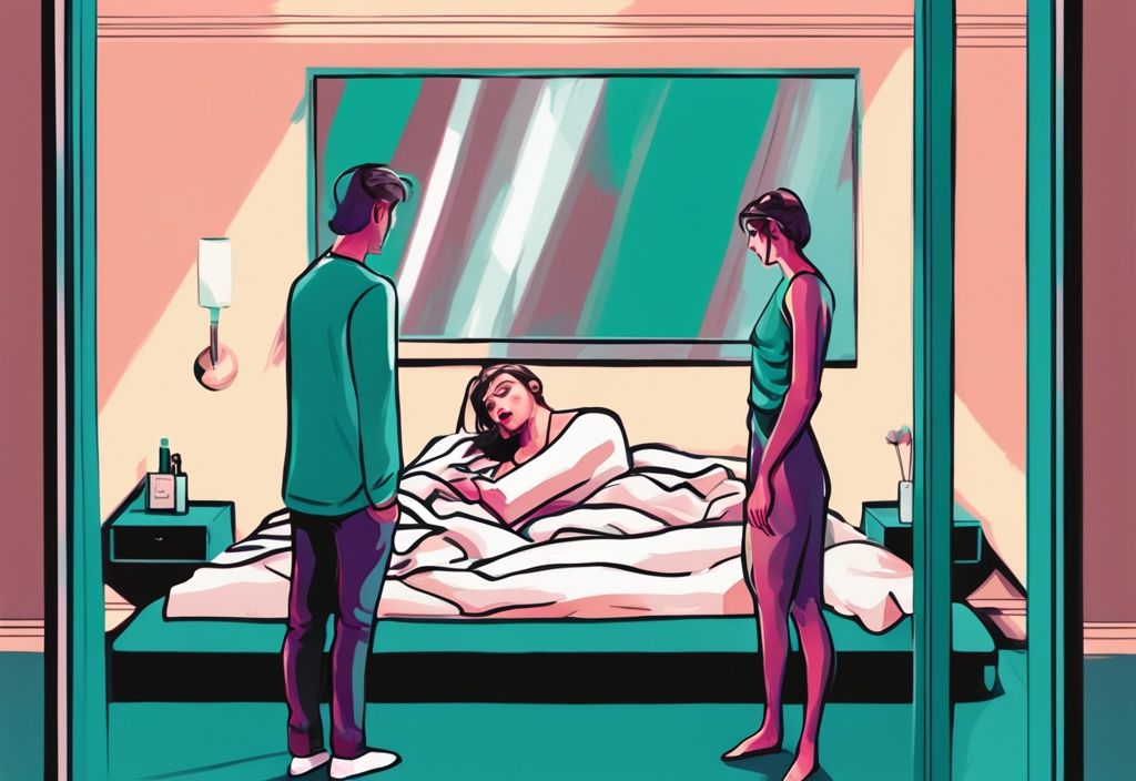 Modern digital painting of a narcissist admiring themselves in a mirror with a frustrated partner ignored on the bed, teal color theme.