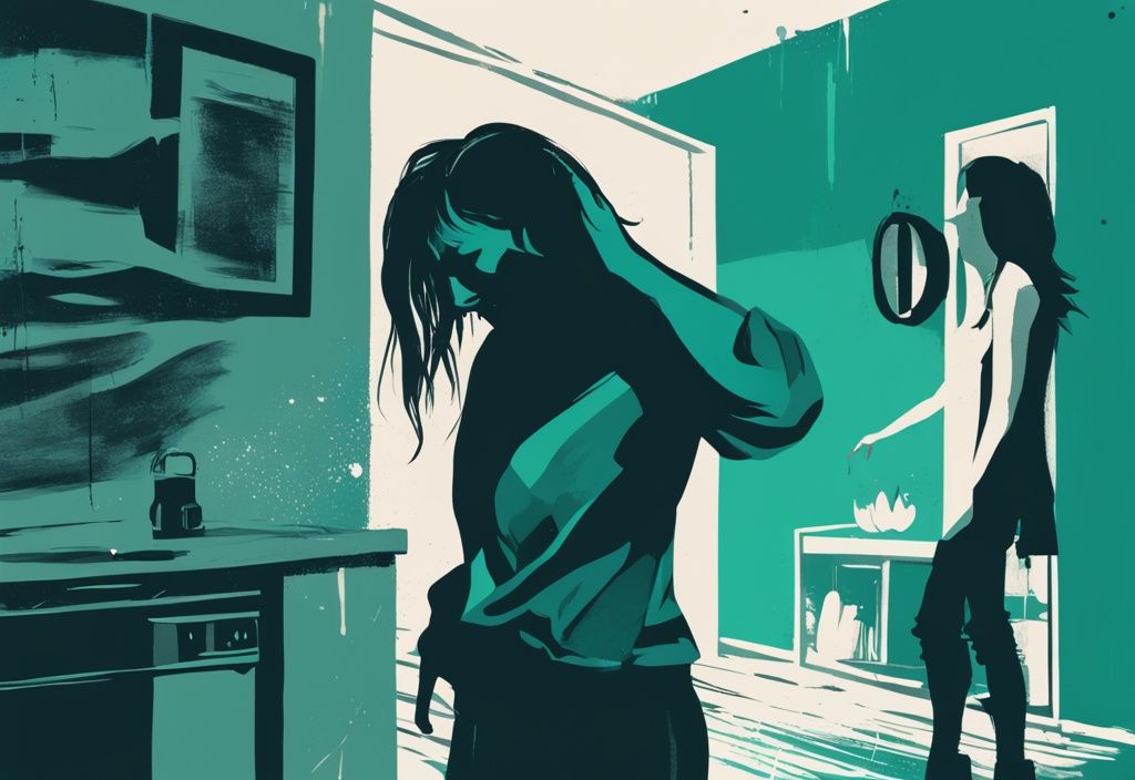 Modern digital painting of distressed woman with teal theme, aggressive man silhouette yelling in chaotic home environment.