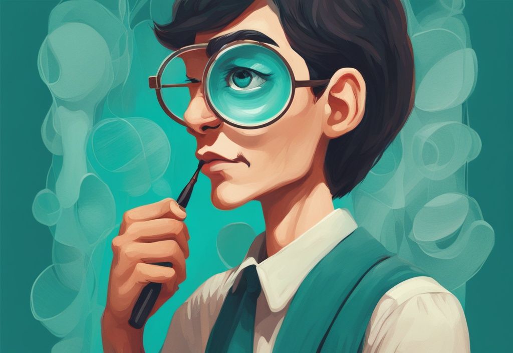 Teal-themed digital painting showing a magnifying glass over a profile with a long nose, symbolizing how to expose a lying narcissist.