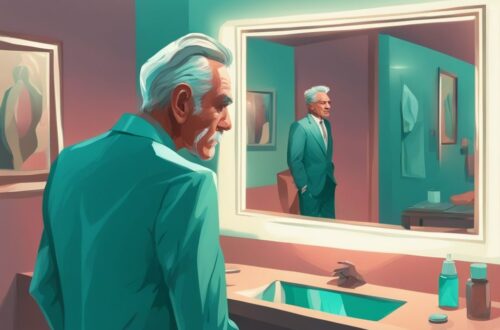 Aging narcissist man admiring reflection in mirror, stylish attire, teal-themed digital painting.