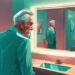 Aging narcissist man admiring reflection in mirror, stylish attire, teal-themed digital painting.