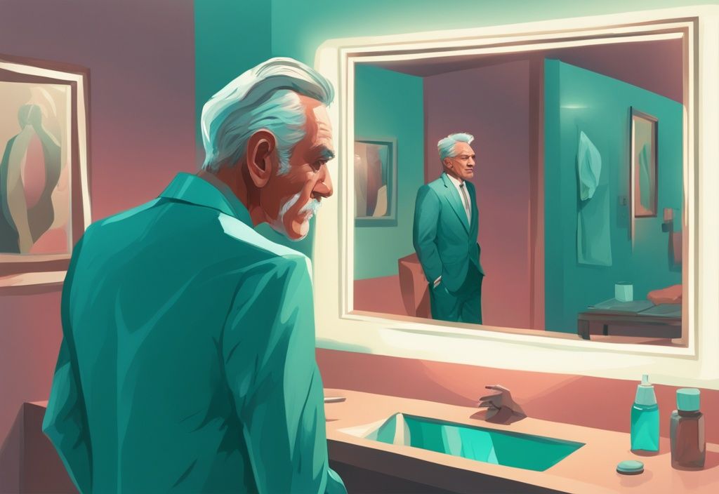 Aging narcissist man admiring reflection in mirror, stylish attire, teal-themed digital painting.