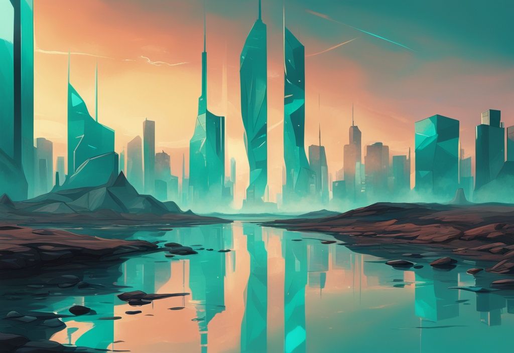 Futuristic city skyline reflected in mirror with teal theme, contrasting barren surroundings.