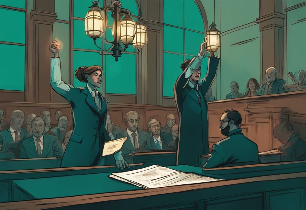 Modern digital painting of a courtroom scene with teal theme, featuring a person with a lit gaslight and another with evidential documents.