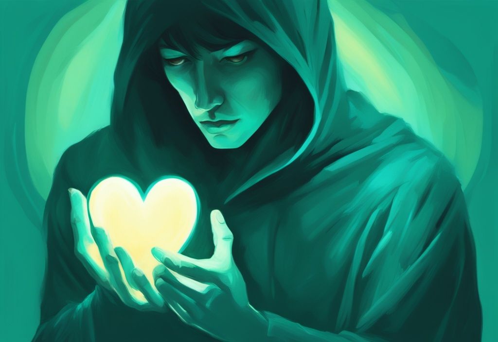 Modern digital painting of a narcissist in shadows reaching for a glowing heart, teal color theme, symbolizing change for love.