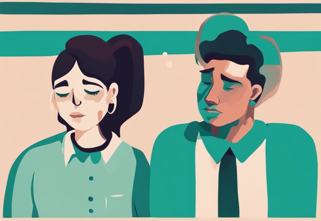 Modern digital painting of two individuals in conversation, featuring teal color theme and expressions showing mood swings.