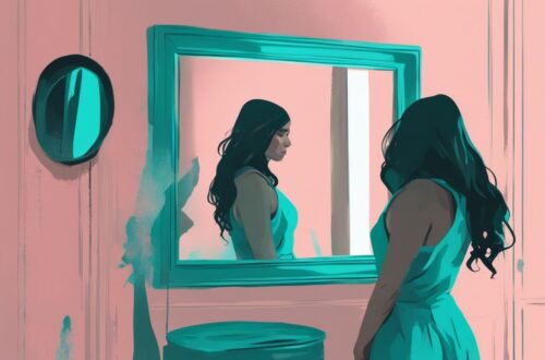 Illustration of a person with a sad expression looking at their reflection in a mirror, showcasing what does a depressed narcissist look like, with a modern digital painting style and a teal color theme.