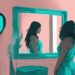 Illustration of a person with a sad expression looking at their reflection in a mirror, showcasing what does a depressed narcissist look like, with a modern digital painting style and a teal color theme.