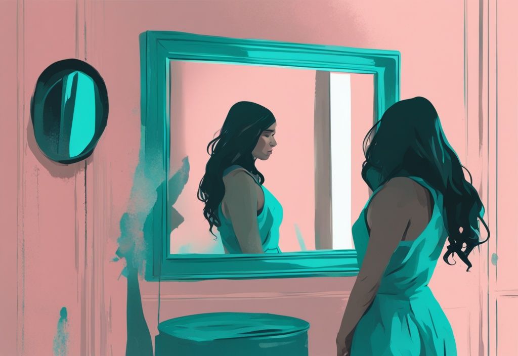 Illustration of a person with a sad expression looking at their reflection in a mirror, showcasing what does a depressed narcissist look like, with a modern digital painting style and a teal color theme.