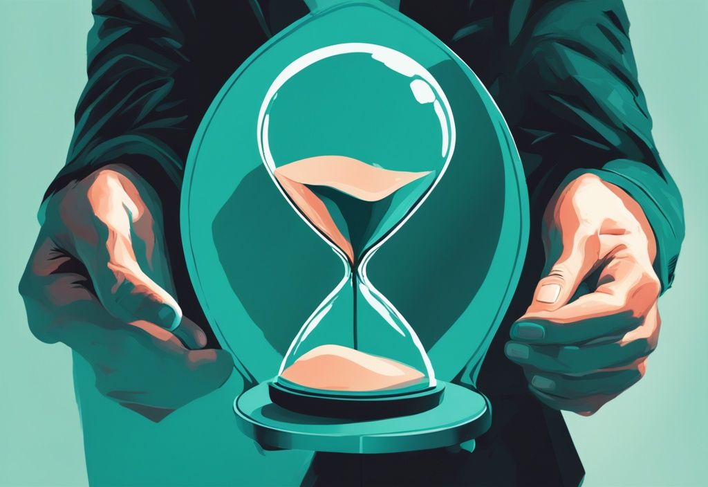 Modern digital painting of an hourglass held by a distorted mirror image of a man's hand, symbolizing time in a narcissistic relationship, with a teal color theme.