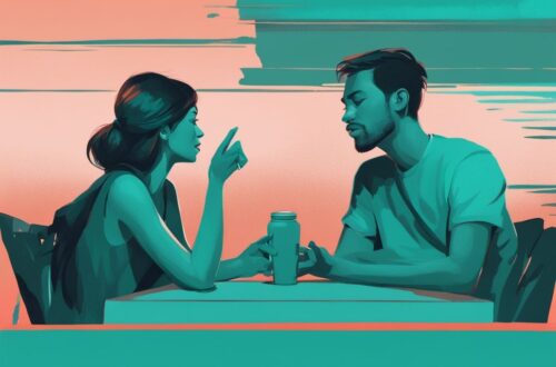 Illustration of two people in a peaceful conversation, focusing on how to stop gaslighting my partner, with a modern digital painting style and a teal color theme.