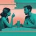 Illustration of two people in a peaceful conversation, focusing on how to stop gaslighting my partner, with a modern digital painting style and a teal color theme.