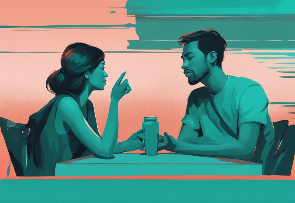 Illustration of two people in a peaceful conversation, focusing on how to stop gaslighting my partner, with a modern digital painting style and a teal color theme.