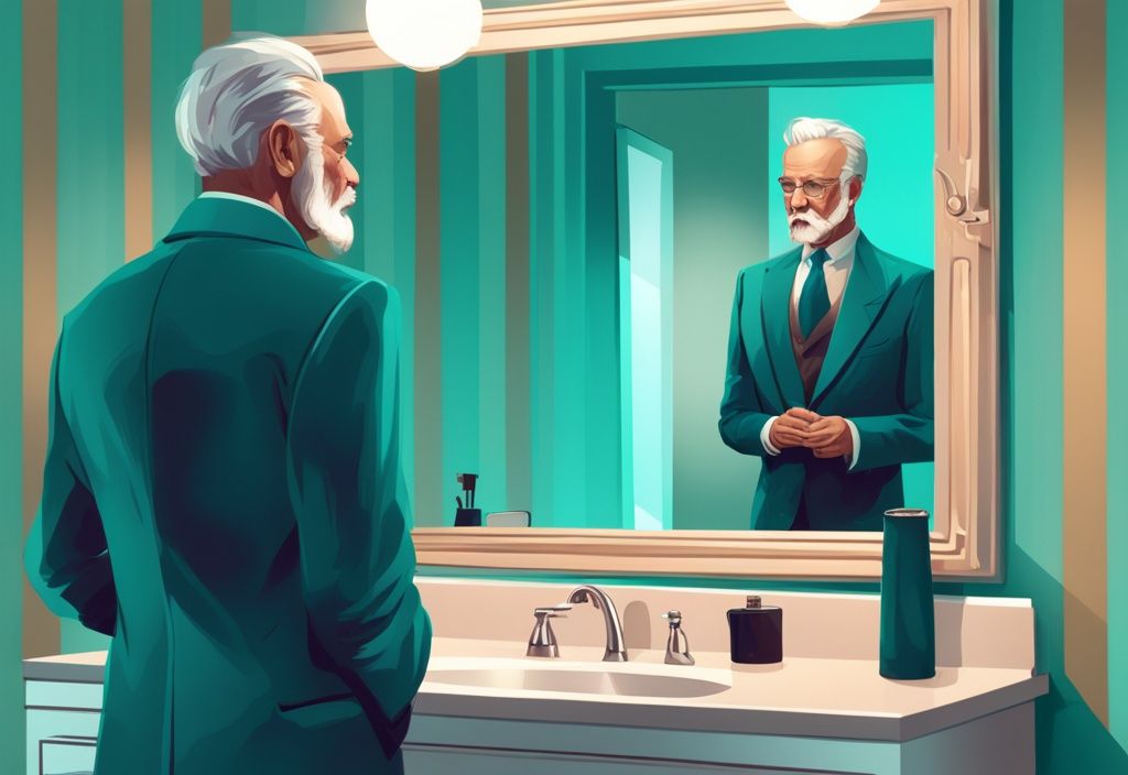 A modern digital painting of the aging narcissist man admiring his reflection in a mirror, featuring a teal color theme and showcasing his stylish attire and well-groomed appearance.