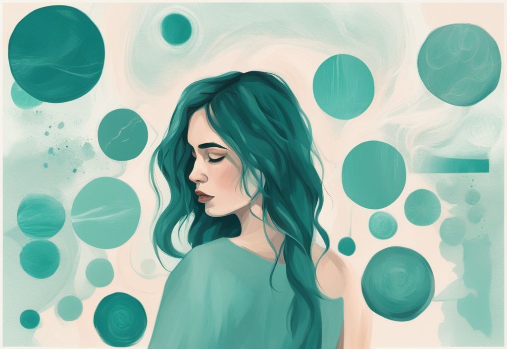 Modern digital painting of a young woman contemplating an illustrative list of 10 symptoms of daughters of narcissistic fathers, with a teal color theme.